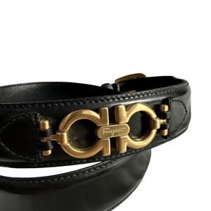 SALVATORE FERRAGAMO Black Leather Gold Gancini Women Belt Made in Italy 34